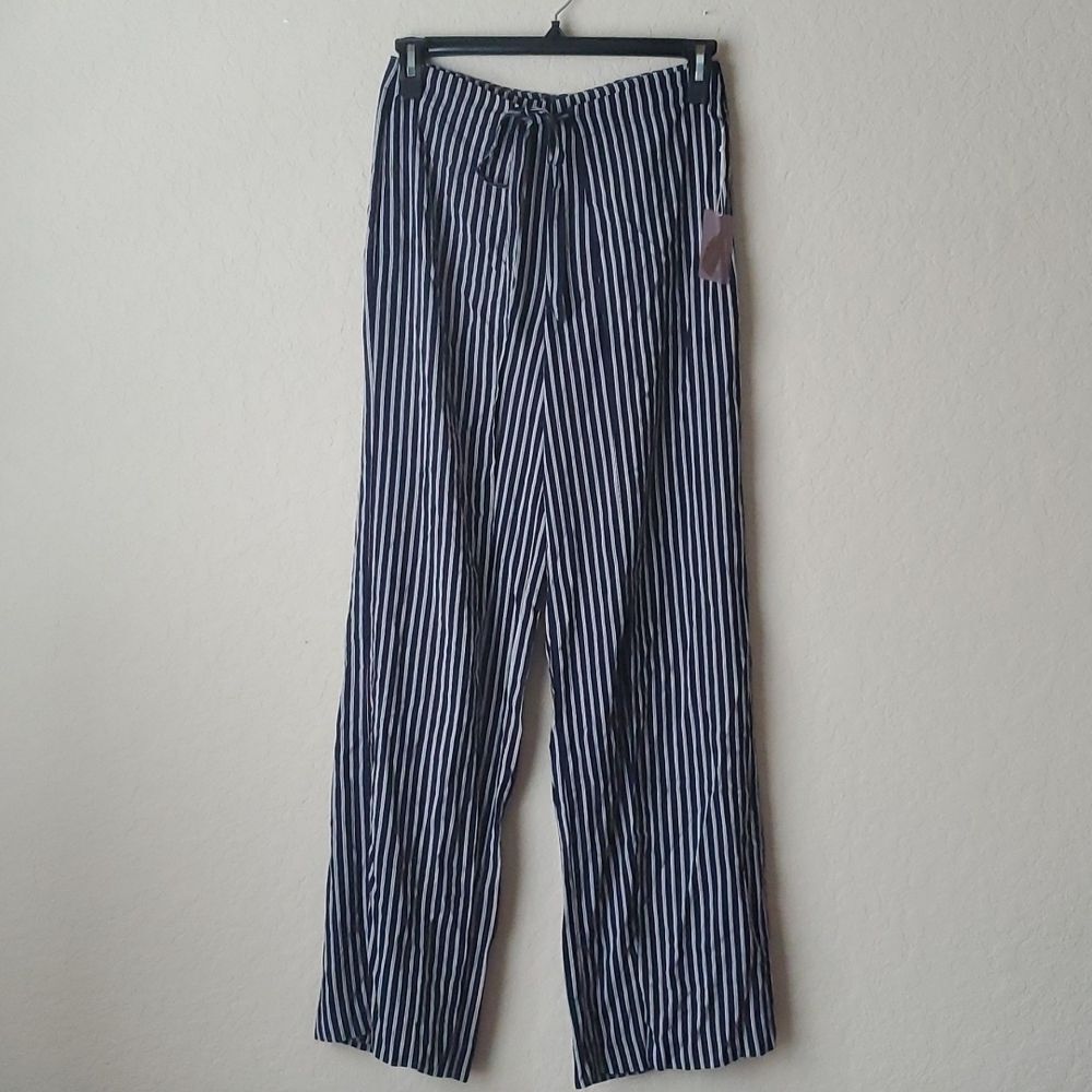 NWT Forever 21 Contemporary Navy White Striped Tie Waist Wide Leg Palazzo Pants